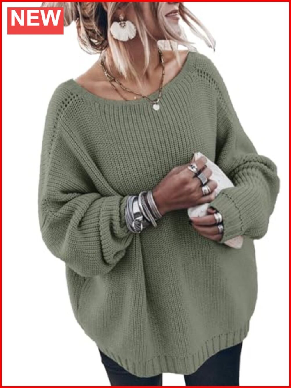 Womens Oversized Cotton Sweater Crew Neck Long Sleeve Knit Pullover